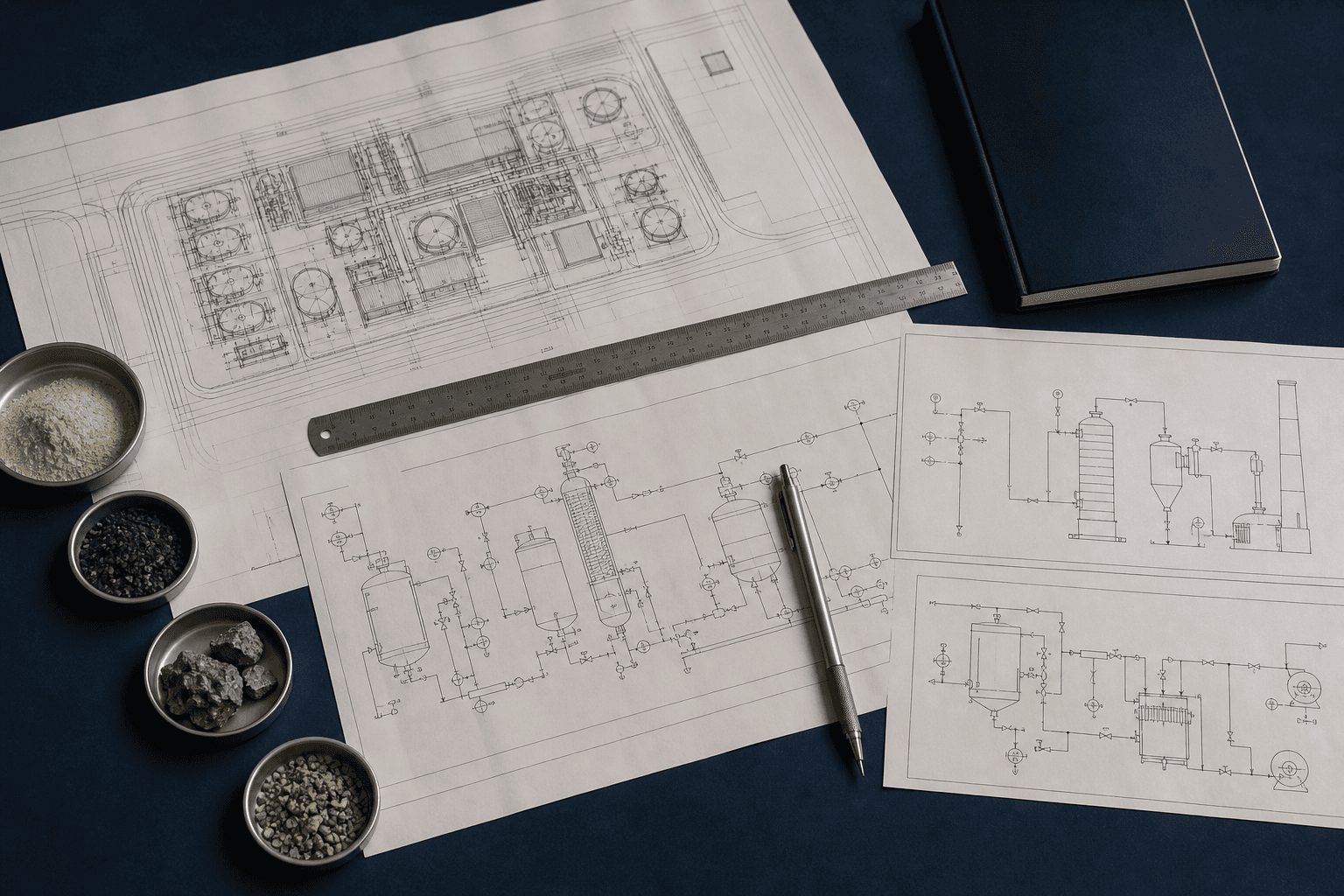 Değerli metal tesisi için hazırlanmış proses akışları ve yerleşim çizimleri bulunan mühendislik masası