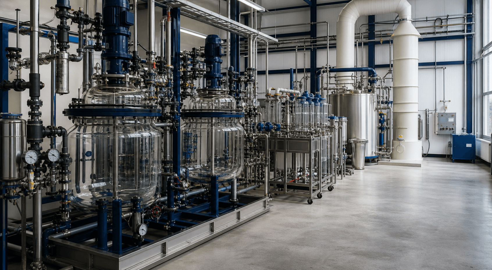 Cam reaktörler, filtrasyon modülleri, paslanmaz borular ve havalandırma sistemi bulunan modern değerli metal proses tesisi