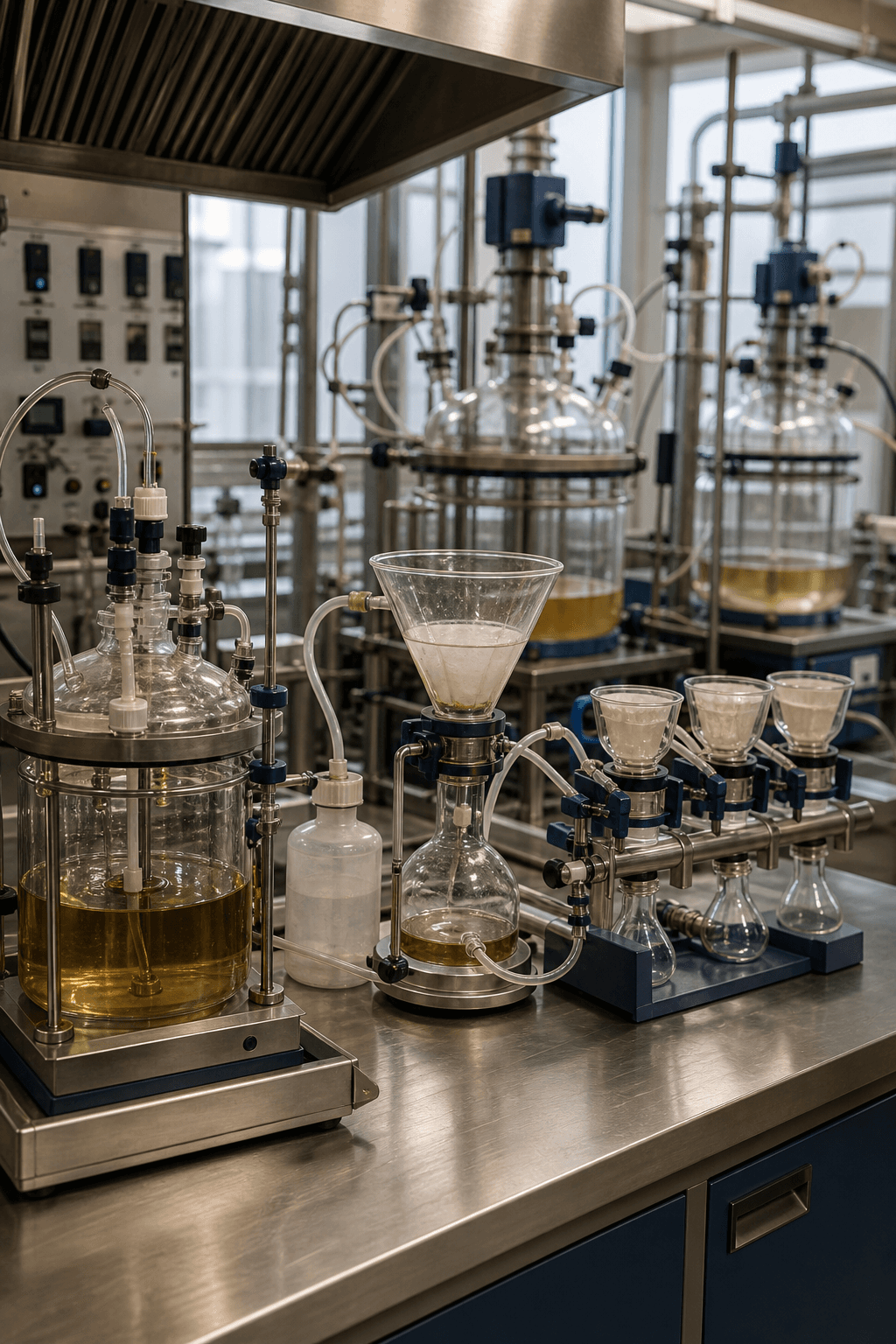 Kontrollü reaktör, filtrasyon camları ve lokal emiş sistemi bulunan değerli metal proses laboratuvarı